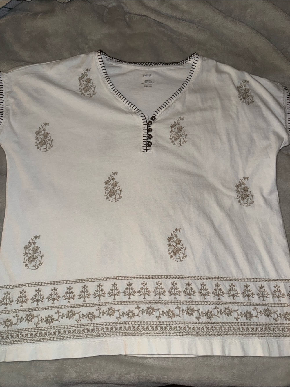 Pure Jill Embroidered White Henley Tee with Beige Floral Motif
